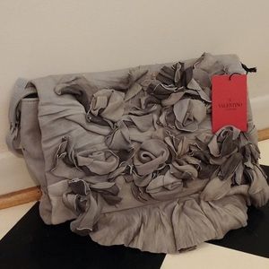 Valentino gray leather clutch w/ flower appliqués